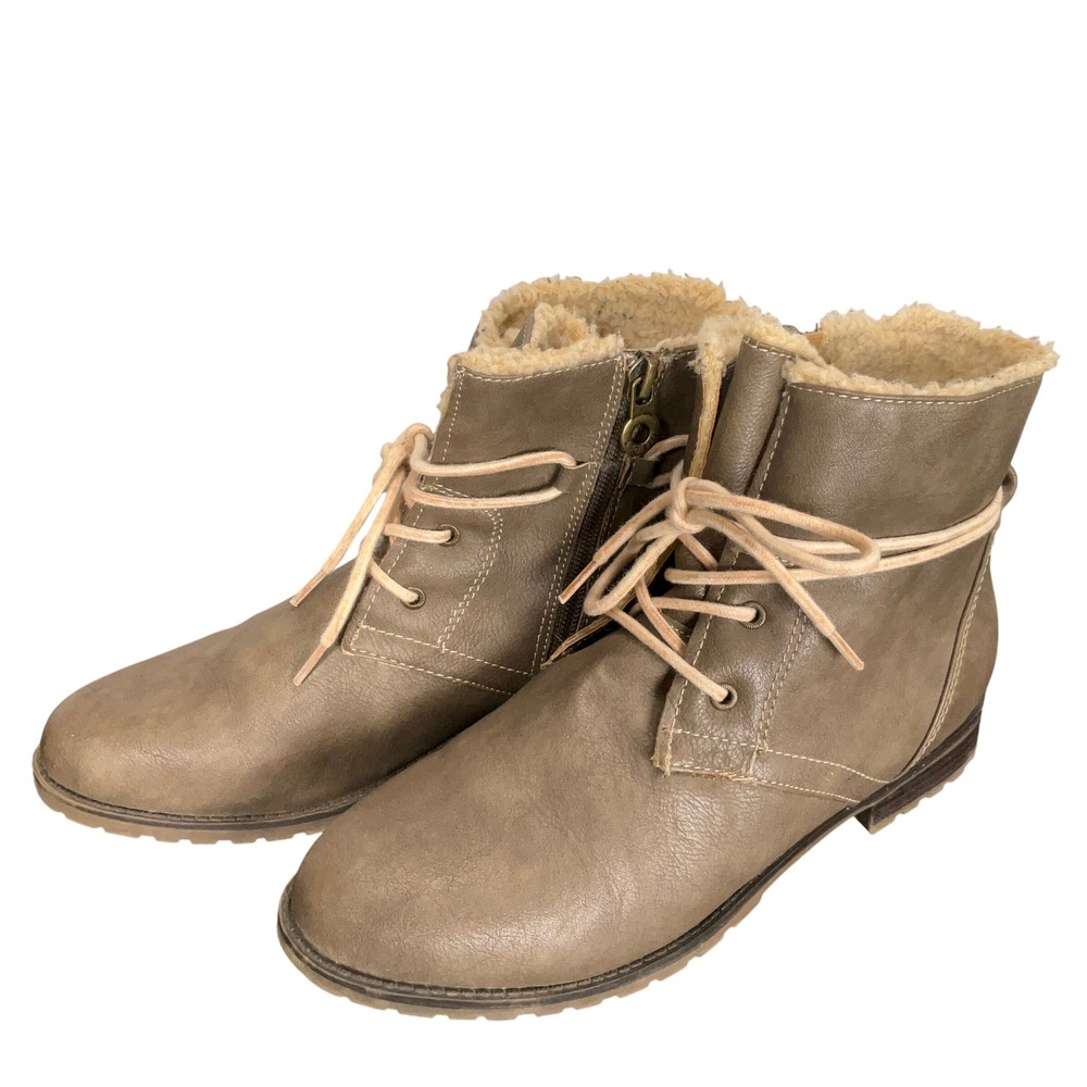 Sporto Ankle Boots Women 9 Olive Green Faux Shearling Lined Lace Up Zip Casual